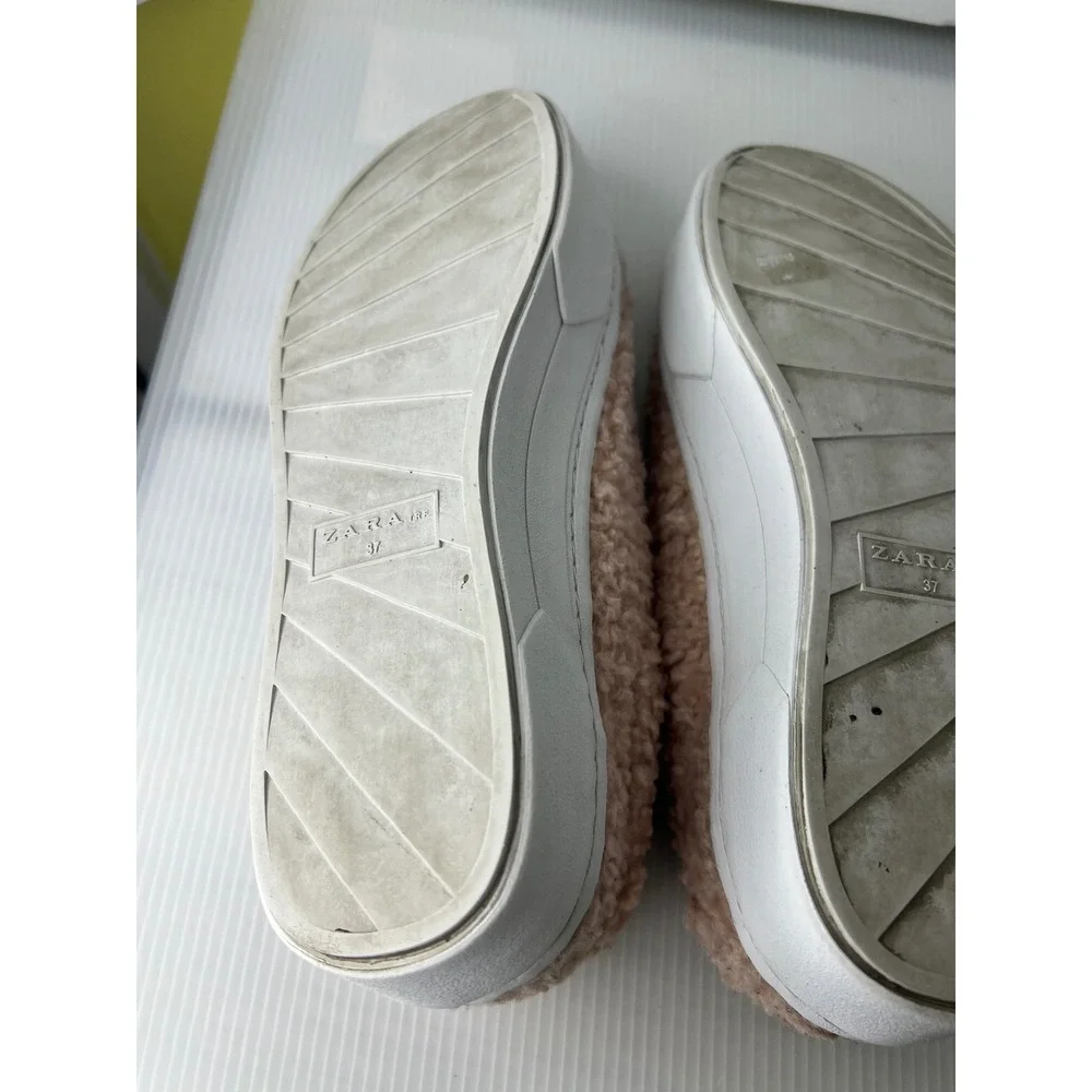 Zara Pink Sherpa Faux Fur Platform Sneakers Low Top Blush EU 37 Size 7